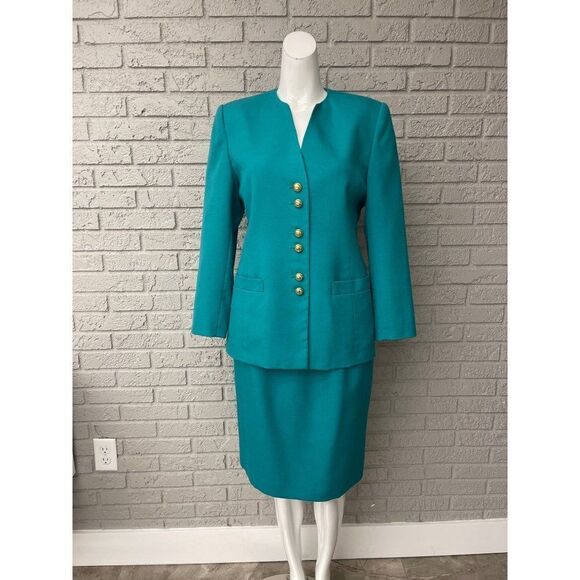Le Suit Petite Teal Skirt Suit With Gold Tone Button 2 Pcs Set Size 8P - Picture 1 of 12
